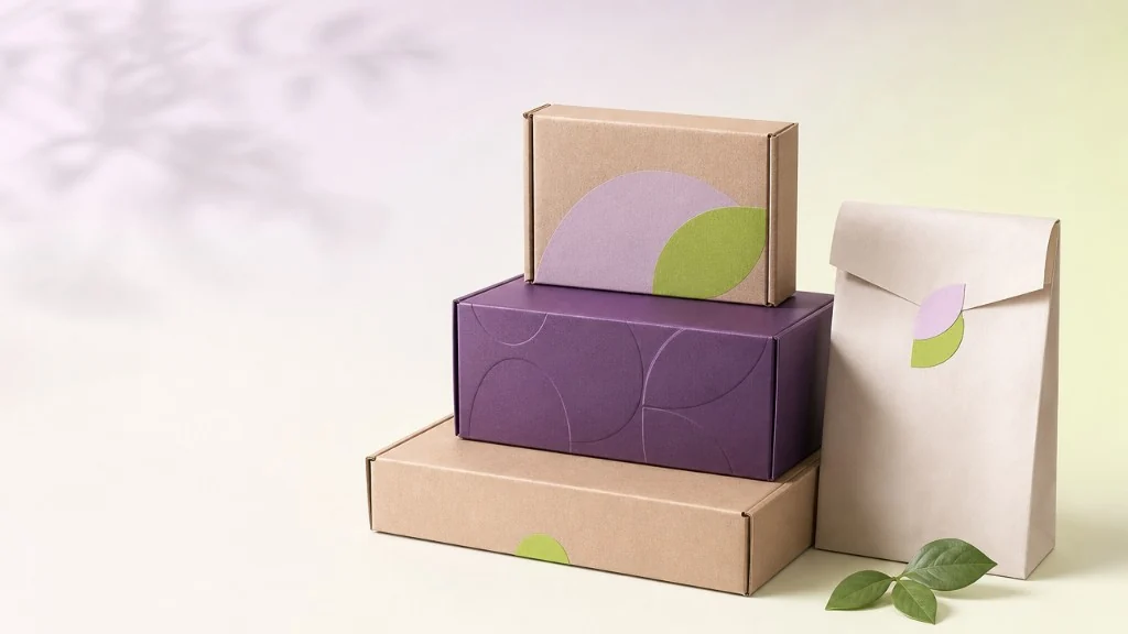 Eco-friendly kraft and plum custom packaging — sustainable mailer boxes and paper bags